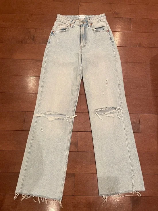 Zara Light Blue Straight Leg Distressed Jeans - Picture 1 of 8